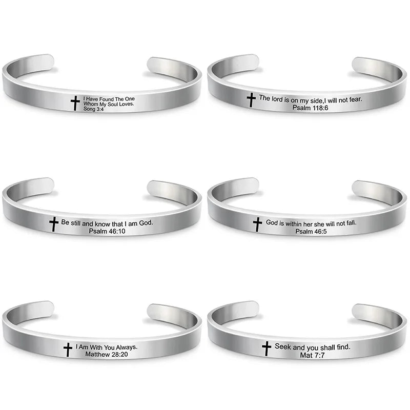 Classic Cross Bible Verse Stainless Steel Cuff Bracelet