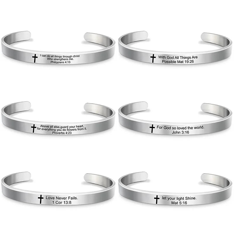 Classic Cross Bible Verse Stainless Steel Cuff Bracelet